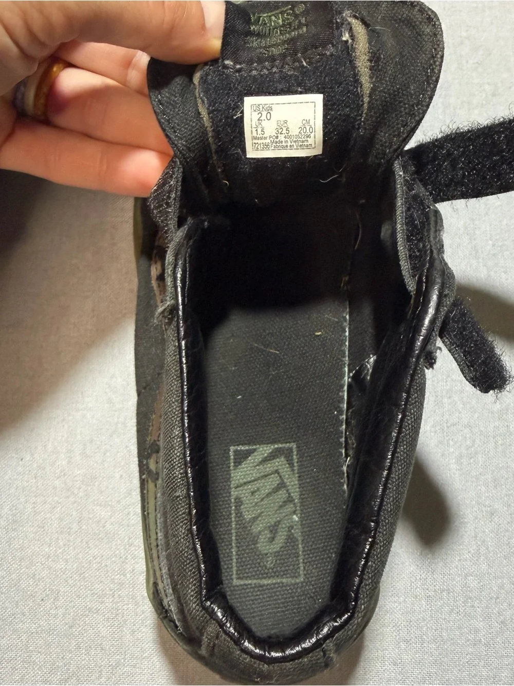 Vans Kids Black Canvas Velcro Strap Sneakers with Olive Trim